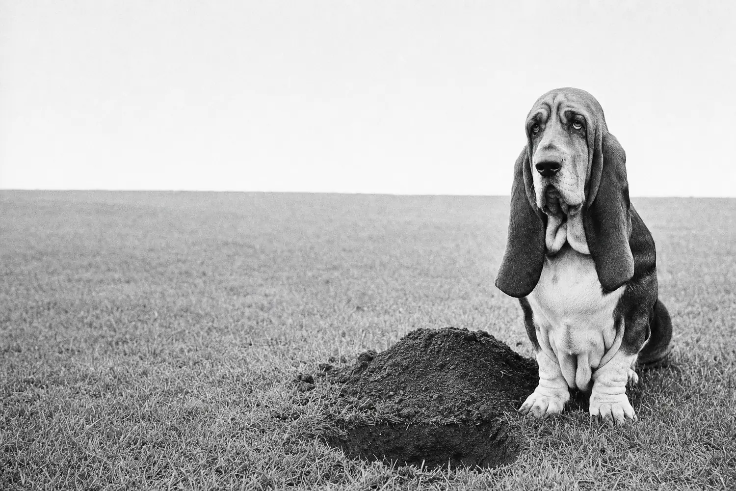 A basset hound sitting upright beside a freshly dug hole in a lawn, photographed in black and white