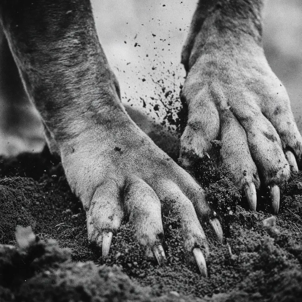 Close view of two heavy dog paws digging into dark soil