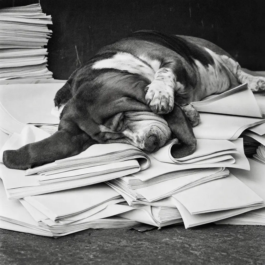 The hound asleep on a deep pile of newspapers